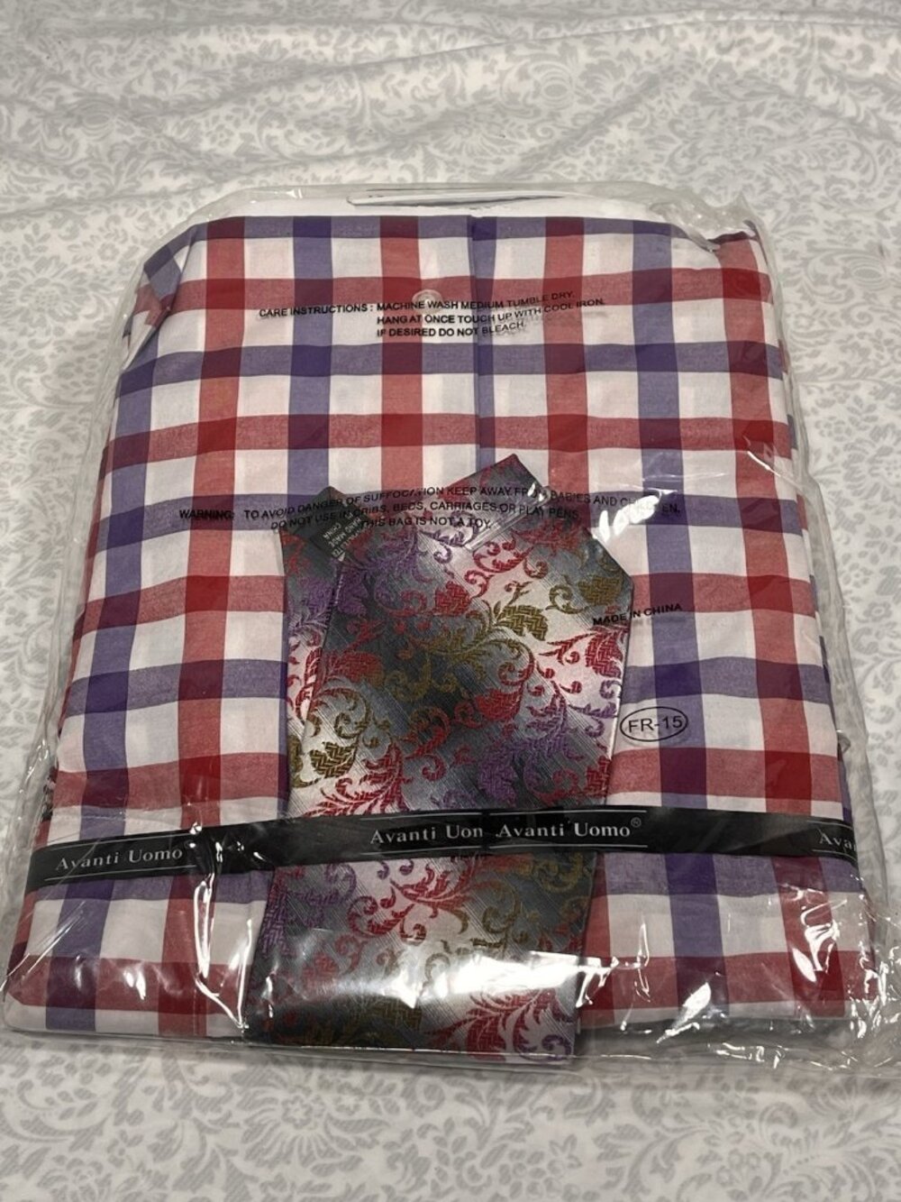 Avanti Uomo Dress Shirt Set 17.5 36/37 XL Plaid Paisley Tie Pocket Square NWT - Picture 12 of 13